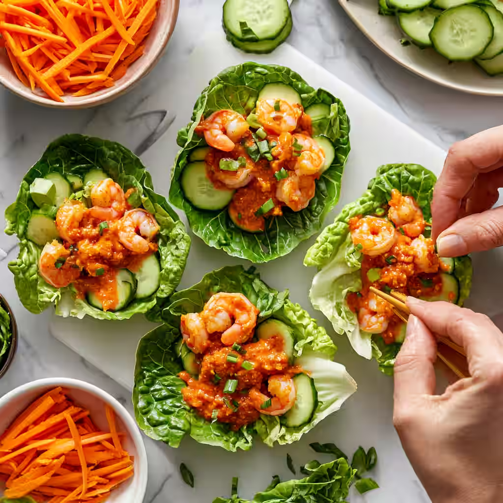 Assembling Paleo Sambal Shrimp Lettuce Wraps