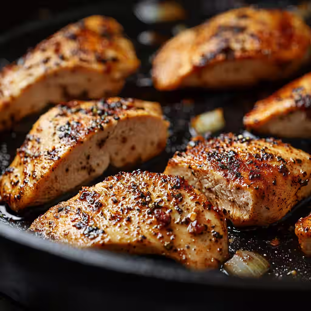 spiced chicken thighs cooking in a pan for paleo chicken burrito bowl