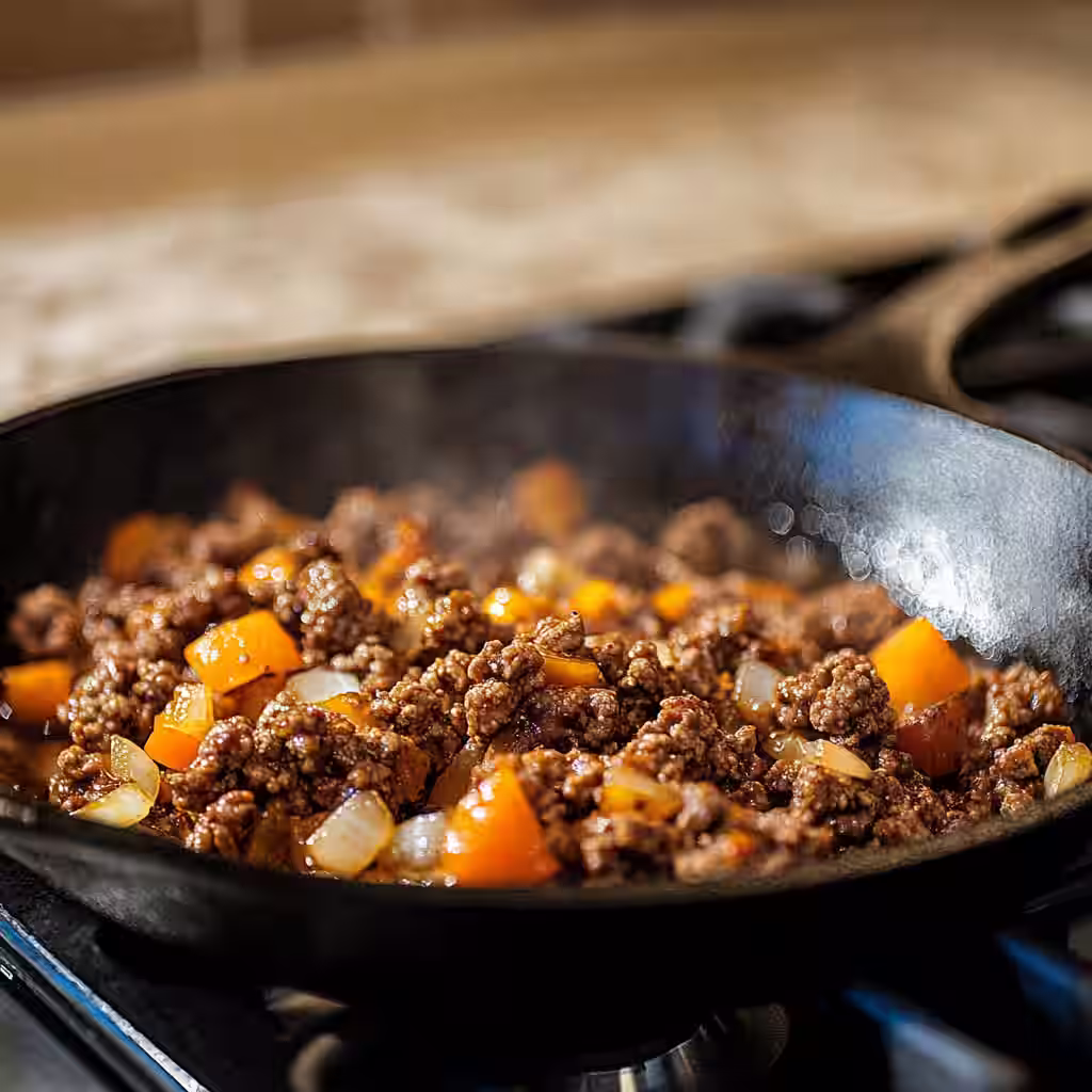 Ground beef and vegetables sautéing in cast iron skillet