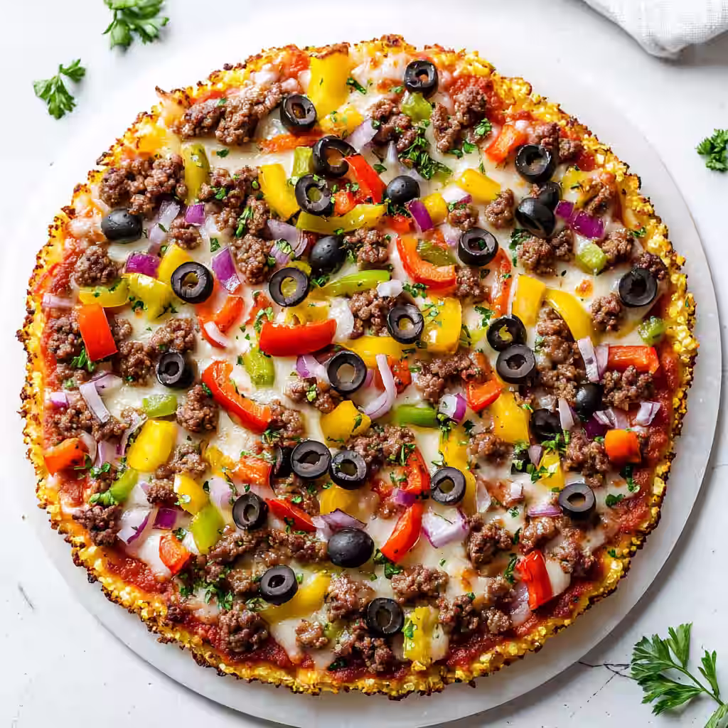 Paleo cauliflower rice pizza on white background in modern kitchen