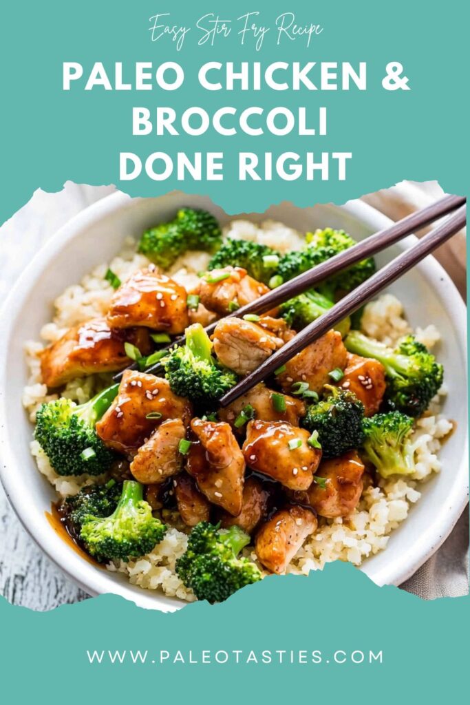 Paleo chicken and broccoli stir fry recipe graphic with cauliflower rice and chopsticks, designed for Pinterest sharing