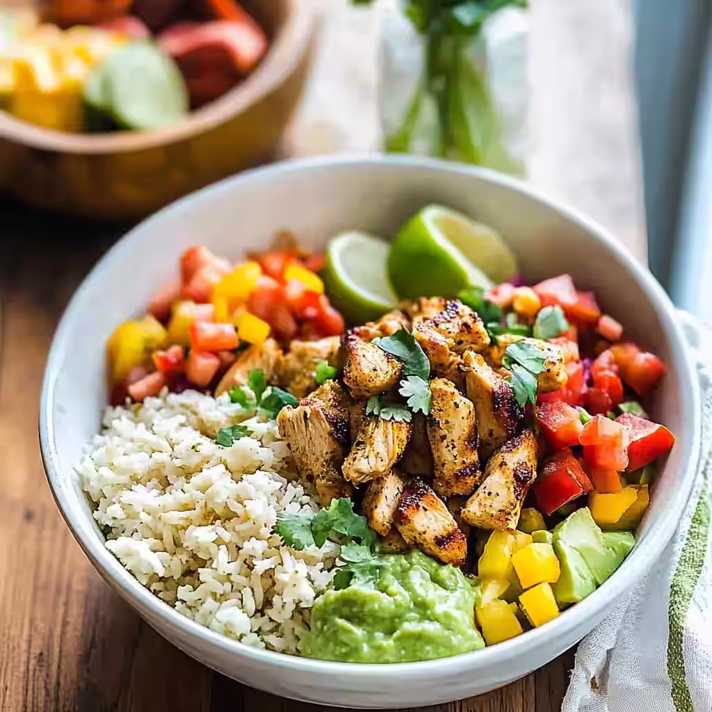 paleo chicken burrito bowl with grilled chicken, cauliflower rice, guacamole, and fresh vegetables
