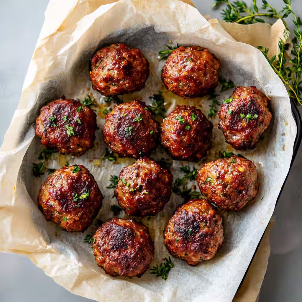 Paleo chorizo meatballs served fresh on rustic plate