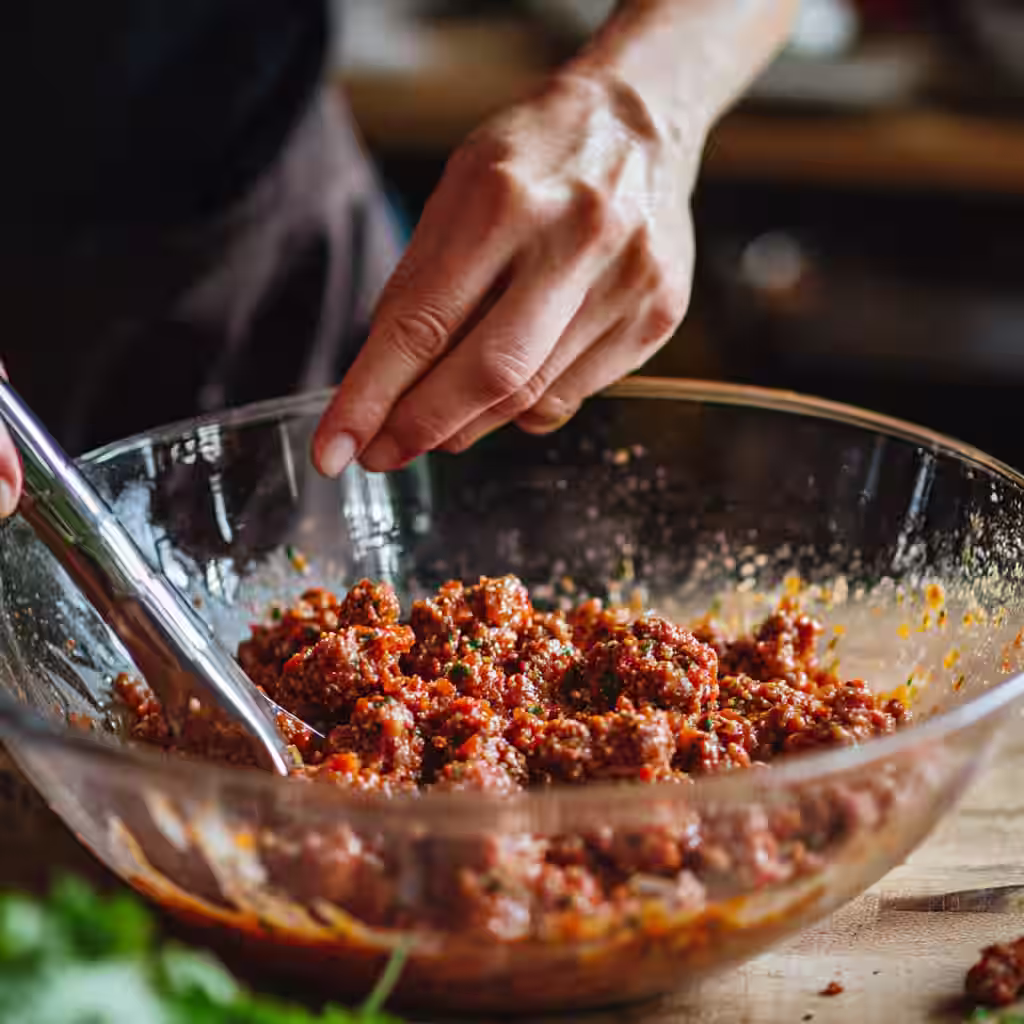 Mixing paleo chorizo meatball ingredients by hand