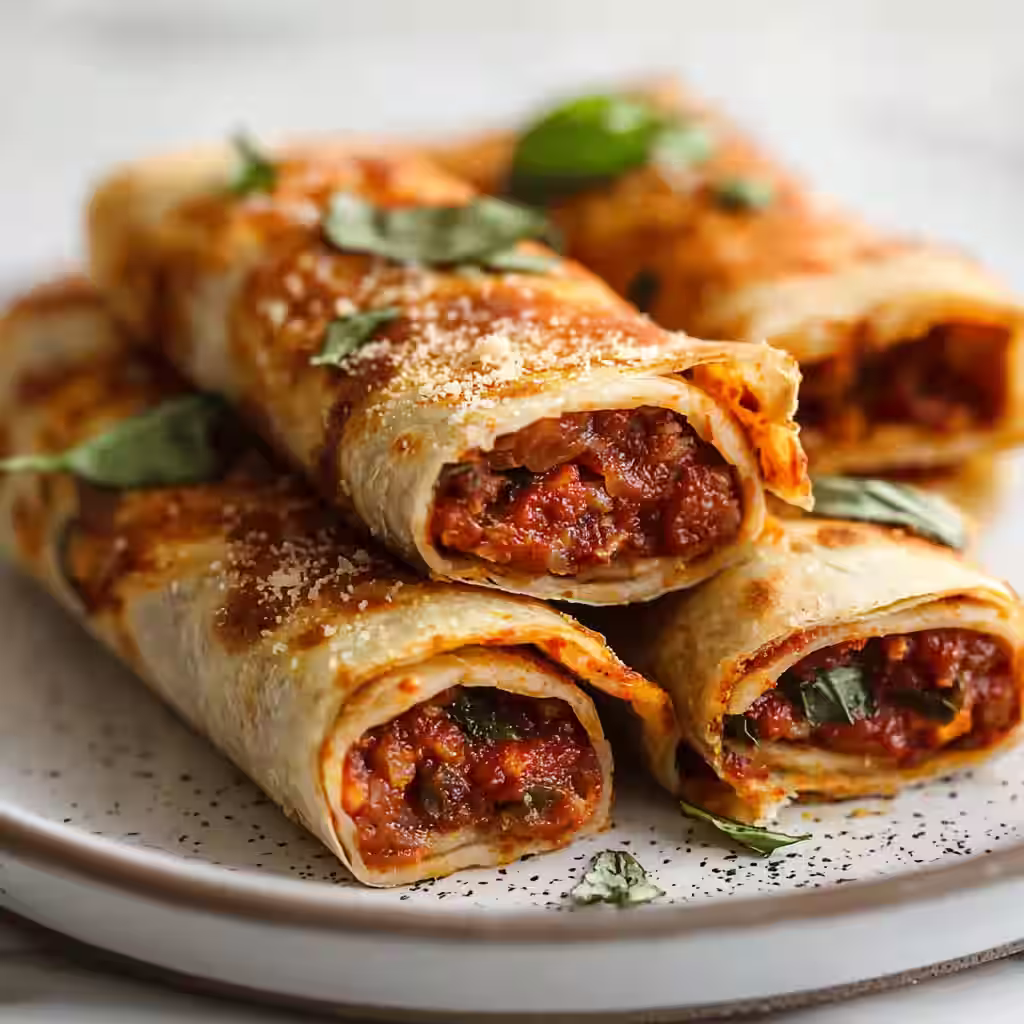 Crispy Paleo Pizza Roll Ups filled with tomato and herbs on a plate