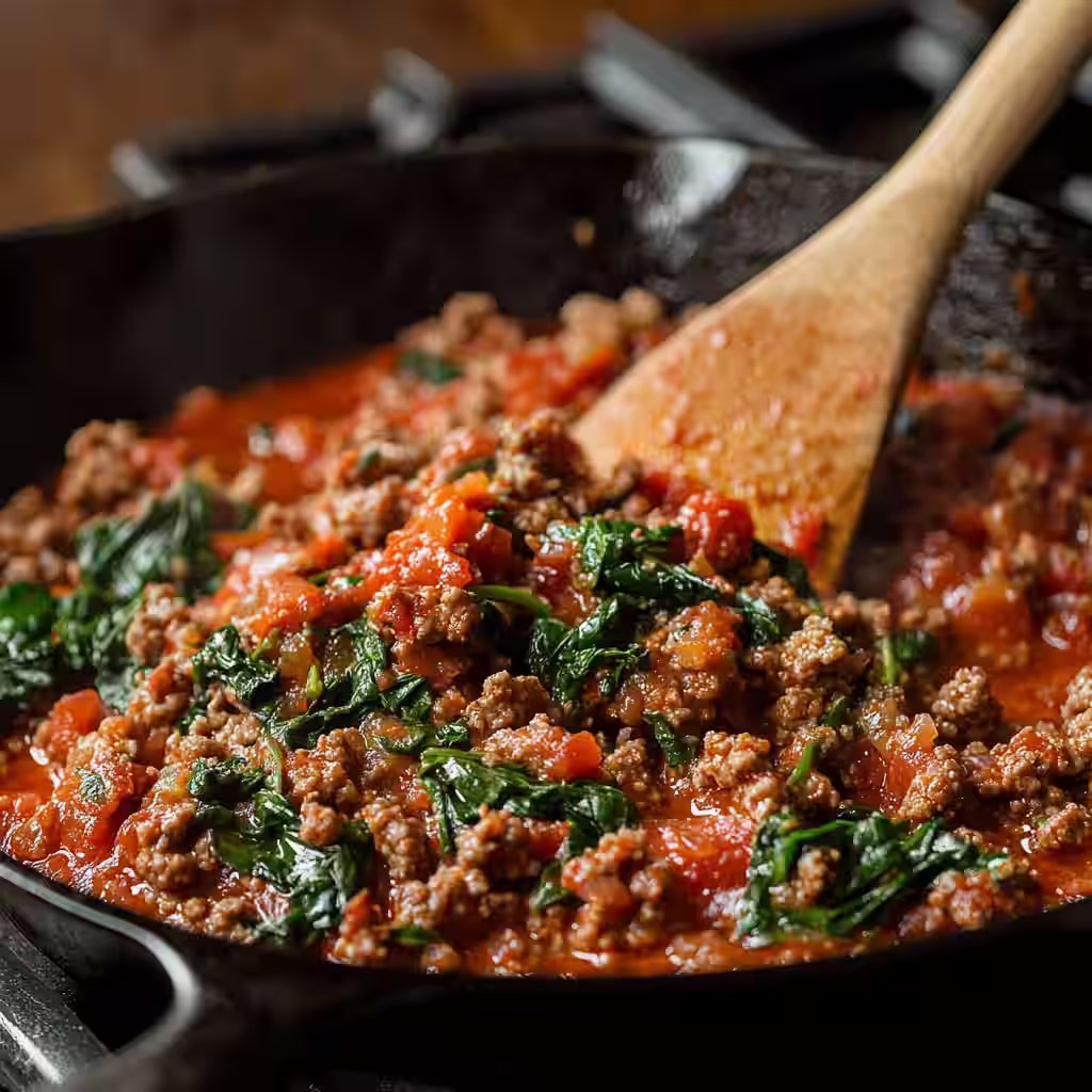 Cooking the filling for Paleo Pizza Roll Ups in a skillet