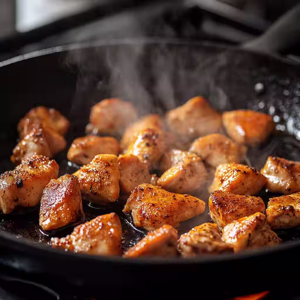 Chicken pieces searing in a hot skillet for paleo stir fry