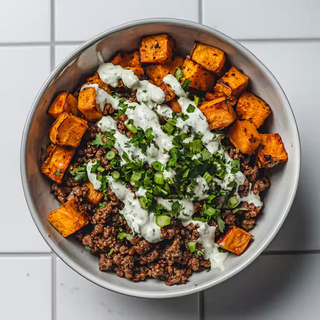 Paleo sweet potato and ground beef bowl in modern kitchen