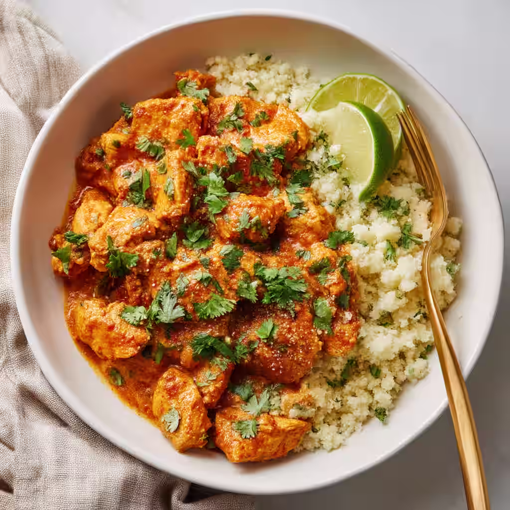 Low Carb Paleo Butter Chicken with cauliflower rice and lime