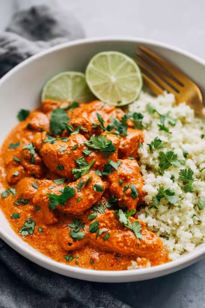 Low Carb Paleo Butter Chicken close-up with cauliflower rice and lime